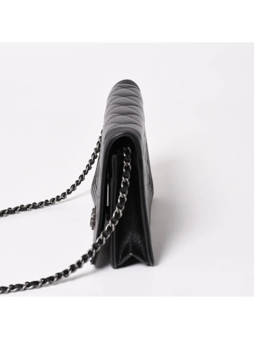 Chanel Boy Chain Shoulder Bag Caviar Leather CC Logo Black Silver